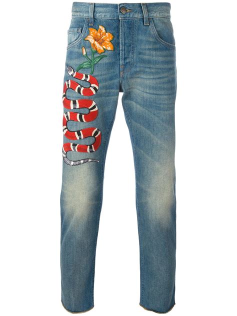 gucci embroidery snakes jeans|gucci snake embroidered jeans.